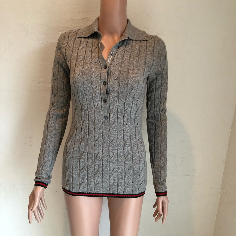 Gucci Gray Cable-Link Rib Knit Wool Polo Top Button-Up Sweater Women’s Size XS - Picture 2 of 16